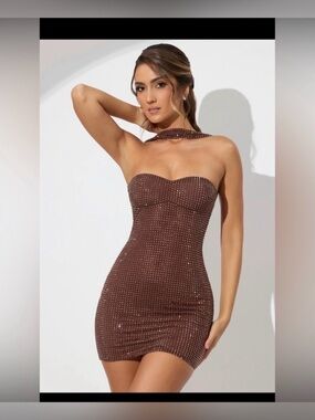 Oh Polly Embellished Bandeau Neck Strap Mini Dress in Espresso Brown